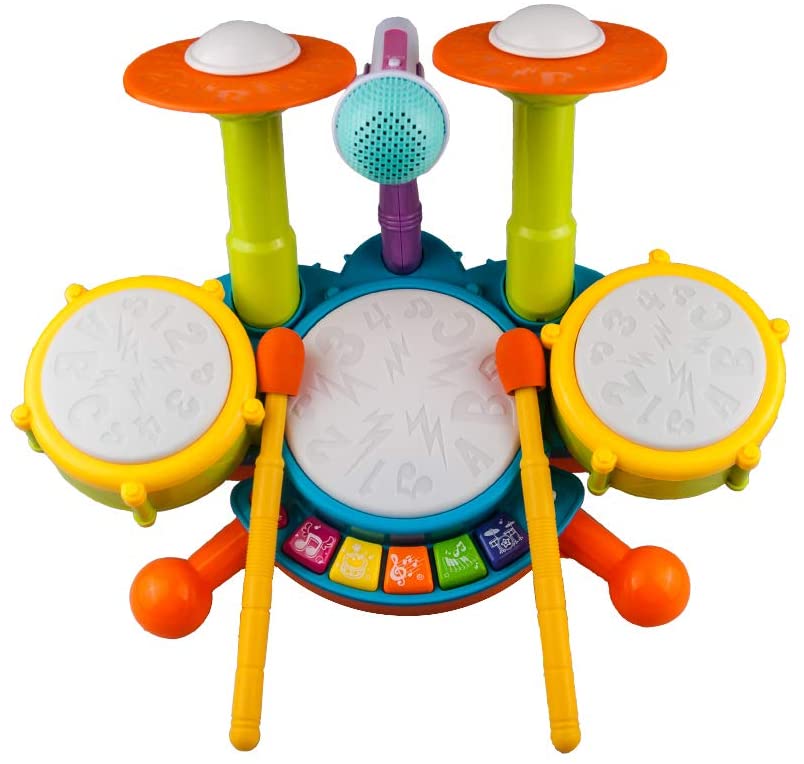 Rabing Kids Drum Set Beats Flash Light Toy Adjustable Microphone