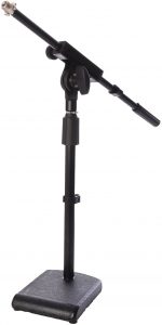lyxpro kds 1 kick drum mic stand, low profile height adjustable microphone boom stand, weighted base, 3 8 and 5 8 threaded mounts for kickdrums, guitar amps, and desktop, black