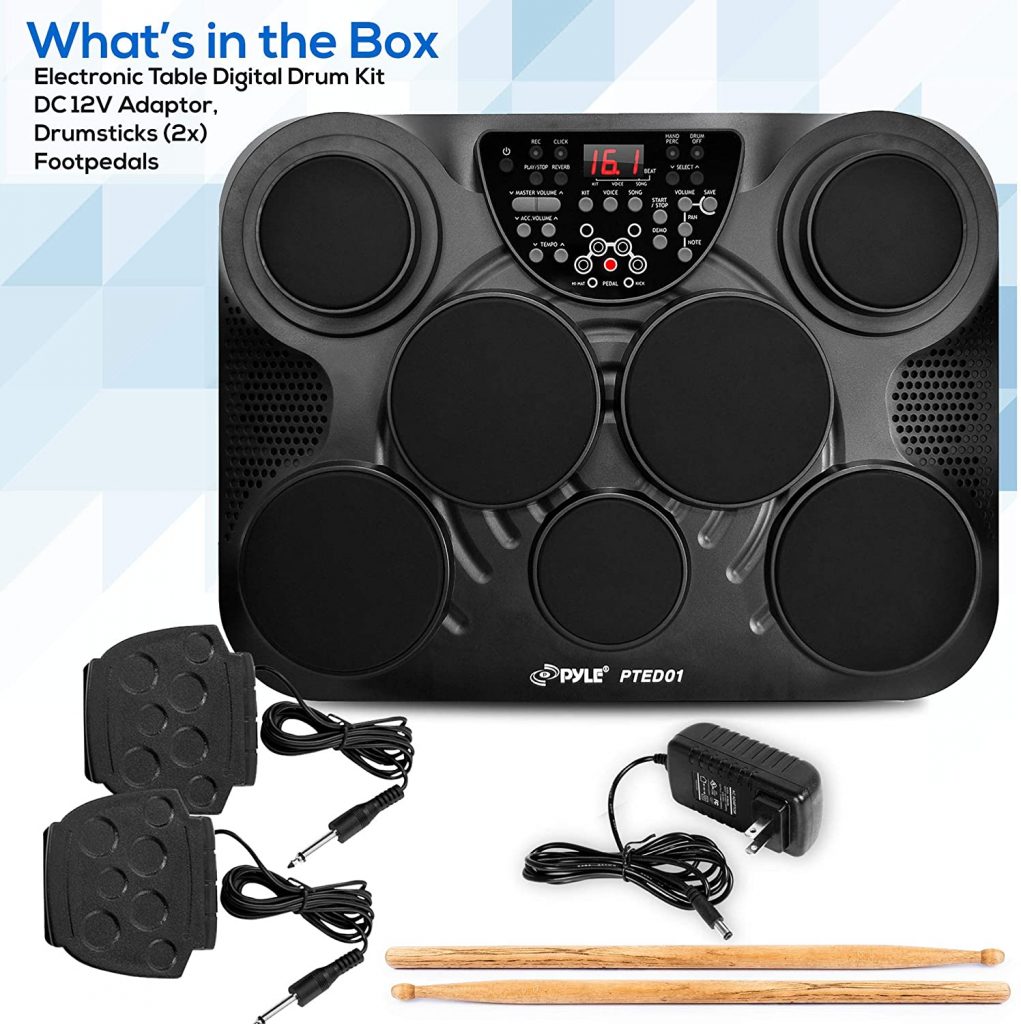 Pyle Portable Drums Tabletop Drum Set 7 Pad Digital Drum Kit Touch Sensitivity